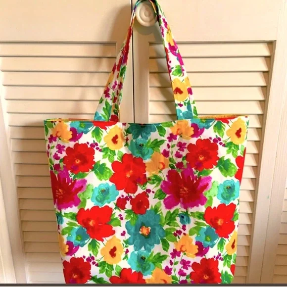 Relisted Colorful Floral Fabric Cotton All Purpose Tote Bag Shoulder Purse - Picture 4 of 6